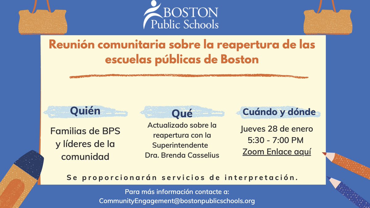 BostonSchools's tweet image. TONIGHT: Join Superintendent, @BCassellius on Zoom for an open discussion on the reopening of schools. Once you’ve registered, you will receive a confirmation email and can submit your questions via email. Register here: ow.ly/OnP550Dhjn6