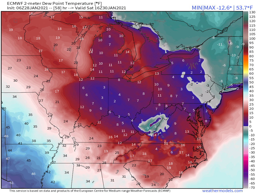 For the weekend This is how I see it now A cold/dry air mass will be in place Sat Here is the 6z ECMWF DPs mid-day Saturday. Notice 6F at RDU and single digits all around, below 0 in Northeast. This shows an airmass in place that can support strong evaparational cooling (1/6)