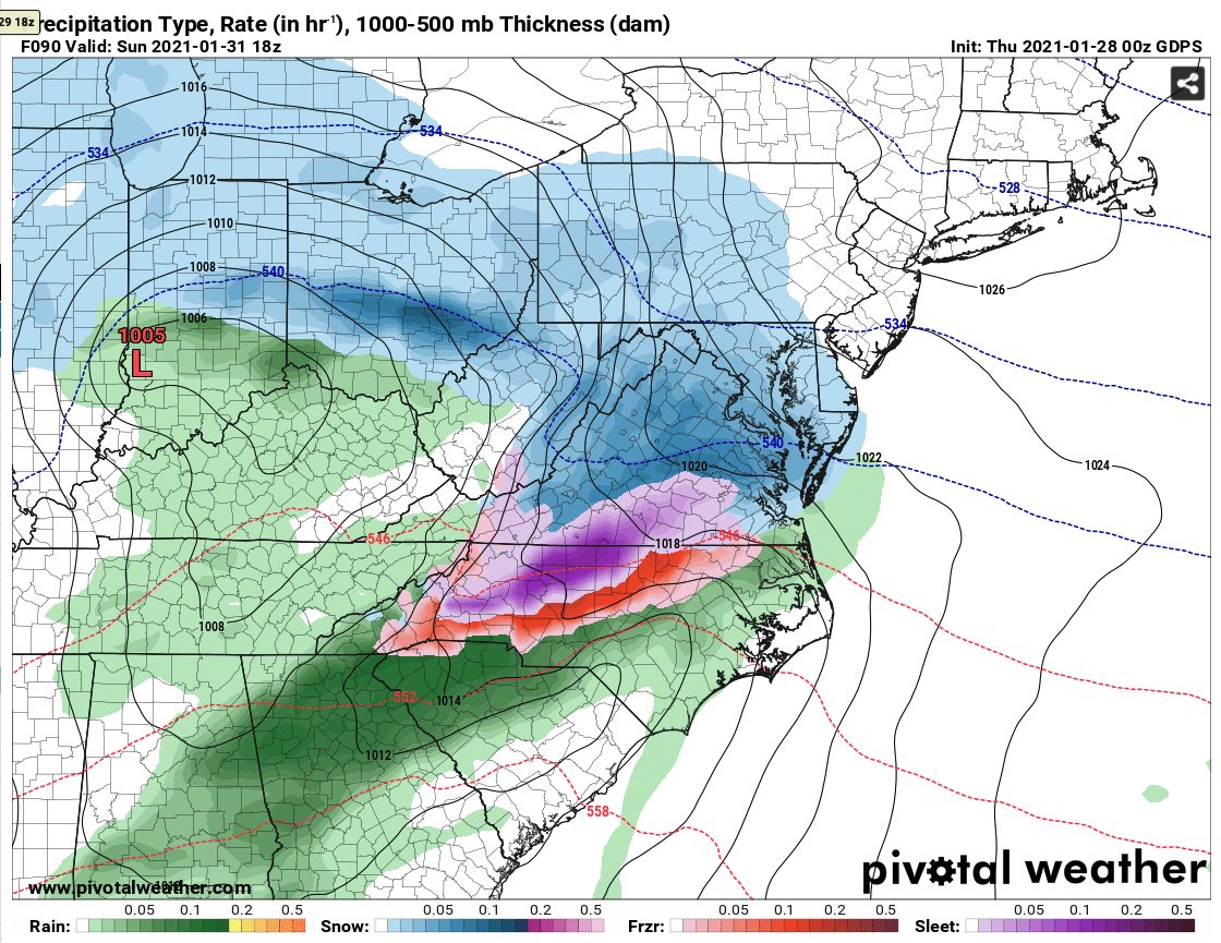 My hunch is that typical climo favored areas of the foothills/NW piedmont may struggle to change to rain and could see significant ice accrual. If the wedge is really strong, the eastern piedmont (RDU) could see a longer period of ice. Here is the 00z CMC valid 1pm Sunday. (5/6)