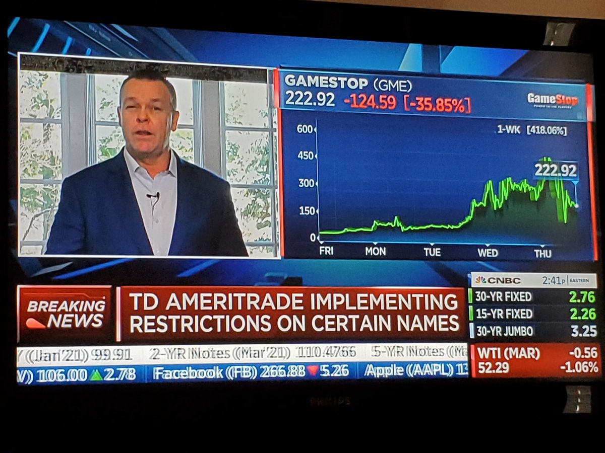 Halt in  #GME buying by  @RobinhoodApp comes one day after  @TDAmeritrade inserted similar limits. TD strategist JJ Kinahan is speaking now, says firm is not allowing naked call selling in  @GameStop, cites "unparalleled trading in terms of volatility"  #wallstreetbets  @CourthouseNews