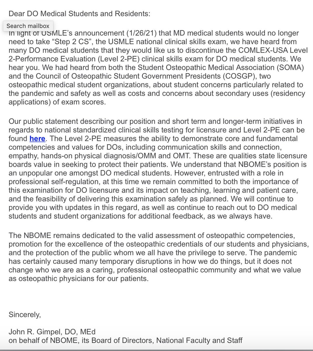 matthewdaniel01's tweet photo. @jbcarmody “We understand that NBOME’s position is an unpopular one amongst DO medical students. However...” must have been an incredible amount of backlash from their initial statement earlier this week to release this. https://t.co/LkYTkSzA63