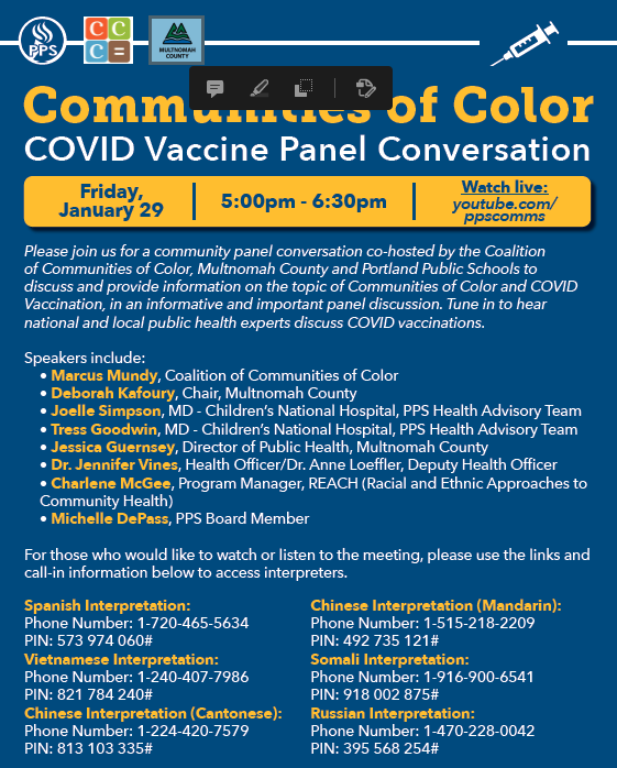 We hope you can tune in tomorrow evening for Communities of Color: COVID Vaccine Panel Conversation. Details below about this important discussion. Many thanks to <a href="/colorcoalition/">Coalition of Communities of Color</a> <a href="/multco/">Multnomah County, OR</a>.