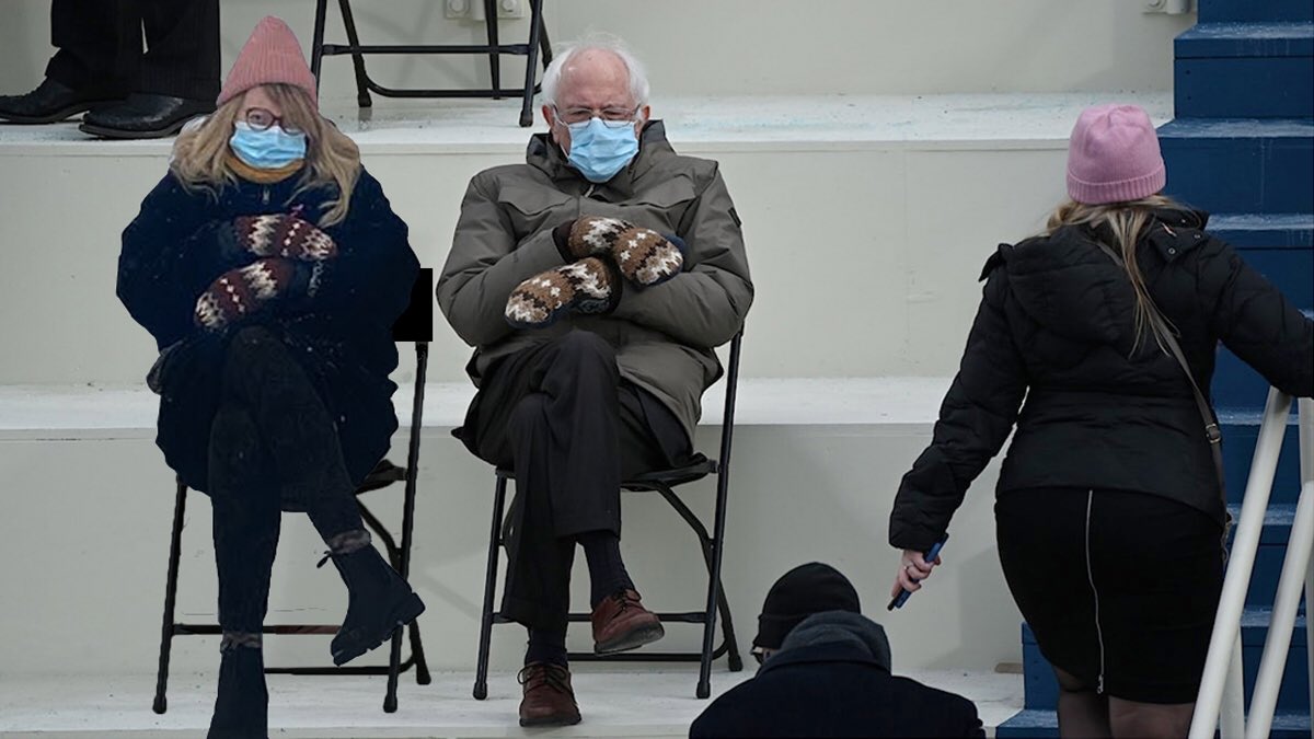 Knitted my own pair of mittens so I could chill in style with my homie <a href="/SenSanders/">Sen. Bernie Sanders</a> #Berniememes #berniesmittens