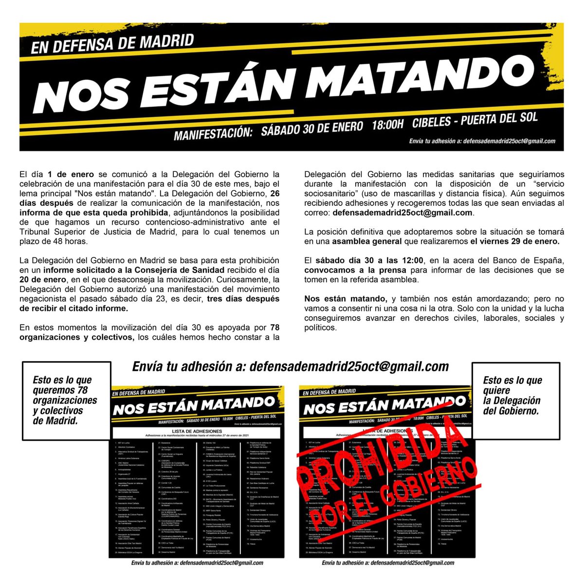 RebeldiaVK's tweet photo. 🚨 Queda prohibida la manifestación por la DEFENSA DE MADRID el 30 de enero por parte de Delegación del Gobierno. 

#NosEstanMatando30E 
#NosEstanAmordazando https://t.co/HtOPFOYoA0