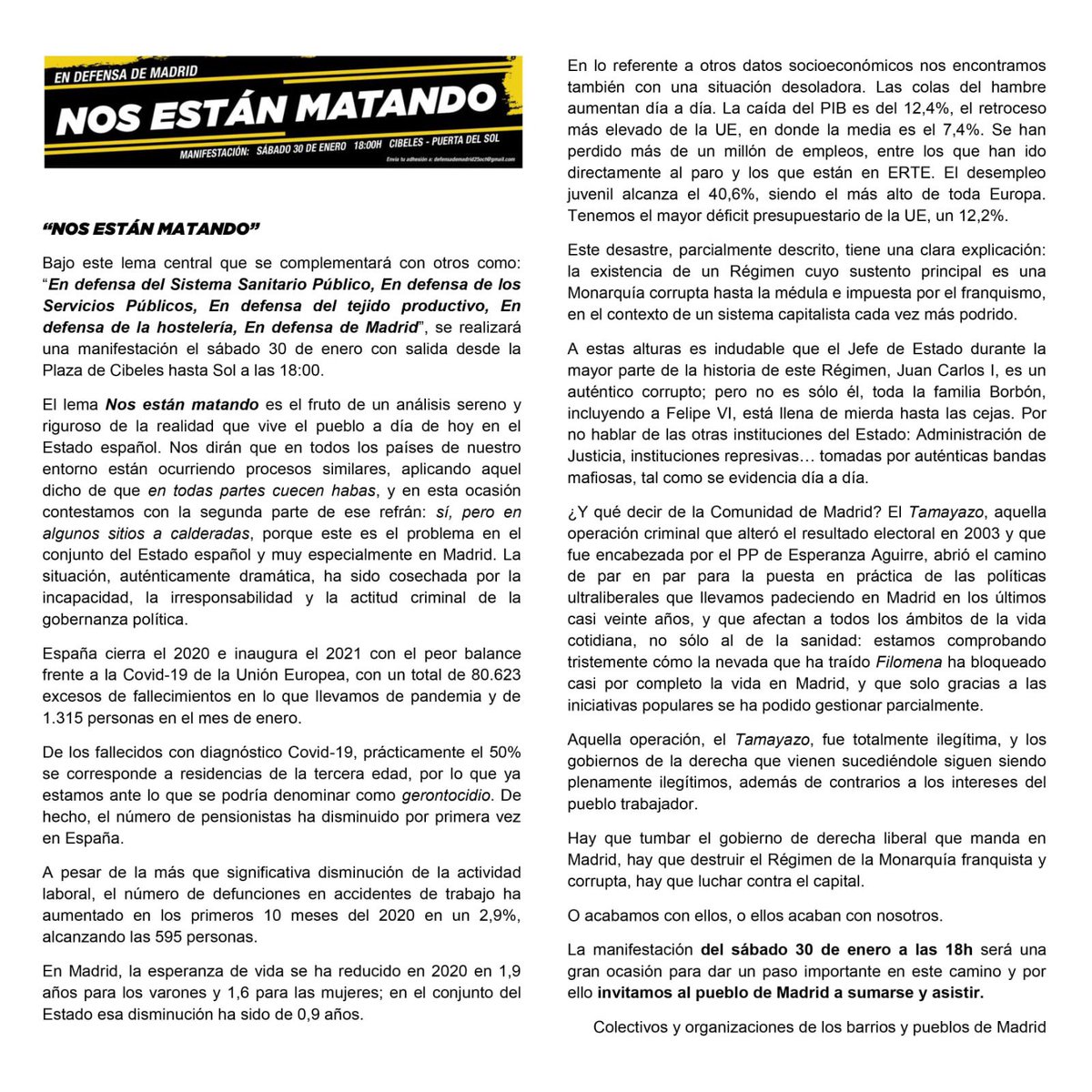🚨 Queda prohibida la manifestación por la DEFENSA DE MADRID el 30 de enero por parte de Delegación del Gobierno. 

#NosEstanMatando30E 
#NosEstanAmordazando