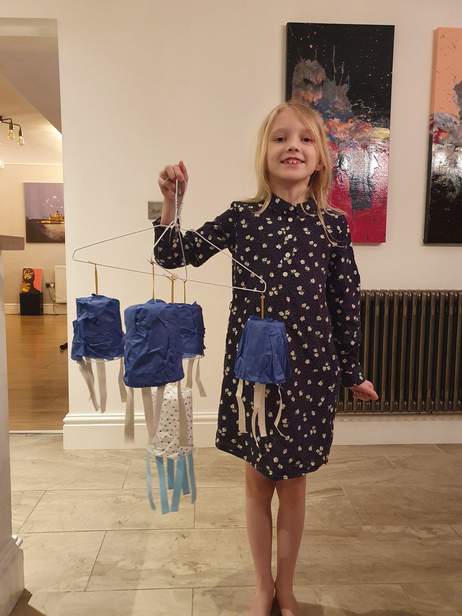Drchicks6's tweet photo. @Rudstony4 looking after my baby sister while making something blue. A jellyfish mobile. I call it don't be blue baby! https://t.co/ktIBFm41AH