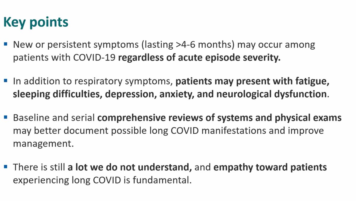 Happening now. Key points:-  #LongCovid can happen regardless of acute infection severity- Symptoms: respiratory, fatigue, sleep difficulty, neurological sx, depression, anxiety"There's a lot we still do not understand, and empathy toward  #LongCovid patients is fundamental"  https://twitter.com/AlisonSbrana/status/1352119864379363328