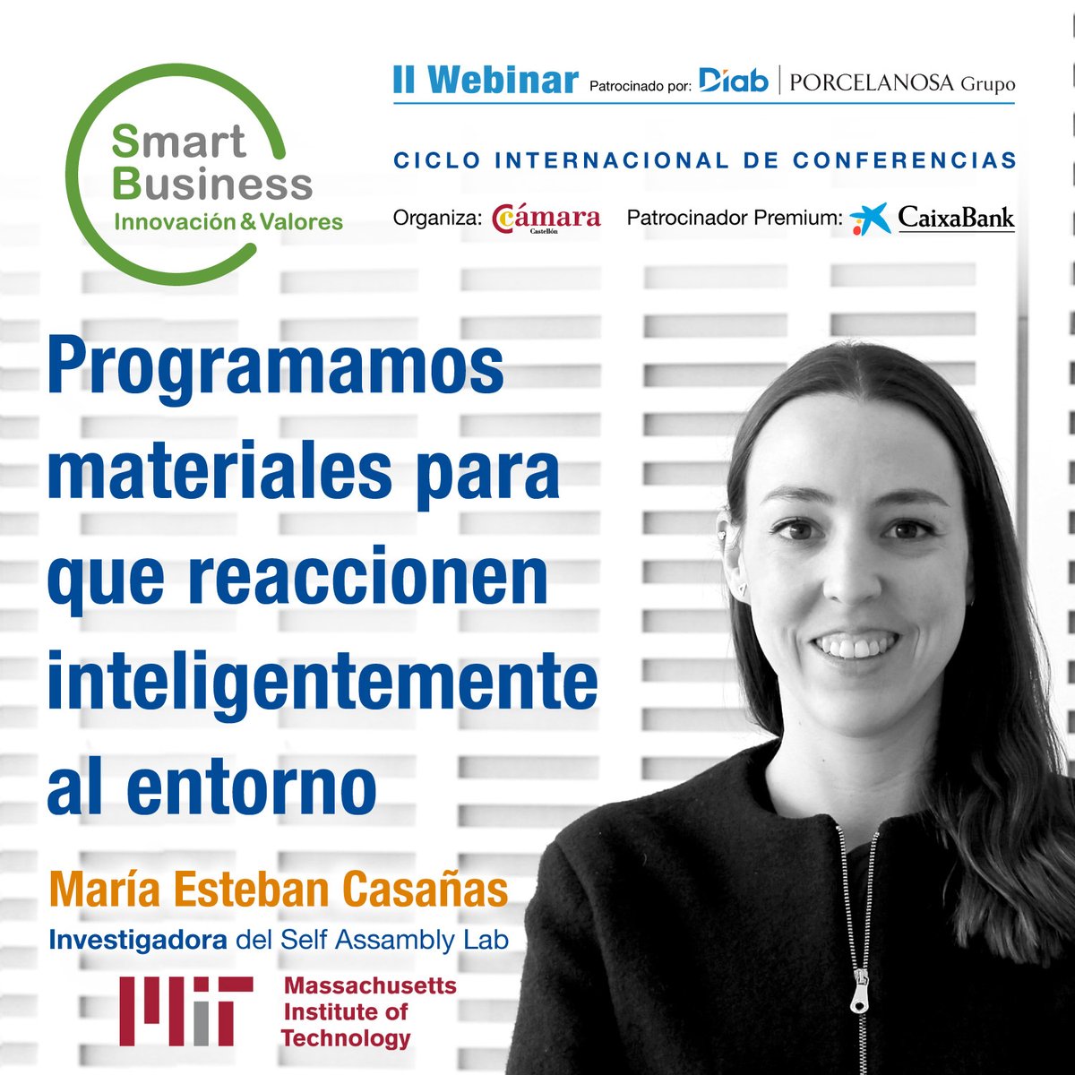smartbusiness70's tweet photo. El próximo 4 de marzo a las 16h celebraremos nuestro segundo webinar de la mano del @mit con #MaríaEstebanCasañas, quien impartirá una charla sobre #materialesinteligentes patrocinada por #Diab group y @Porcelanosa_es Grupo. Regístrate gratis: https://t.co/zkzs74Fm67 https://t.co/c0wFgFg8mh