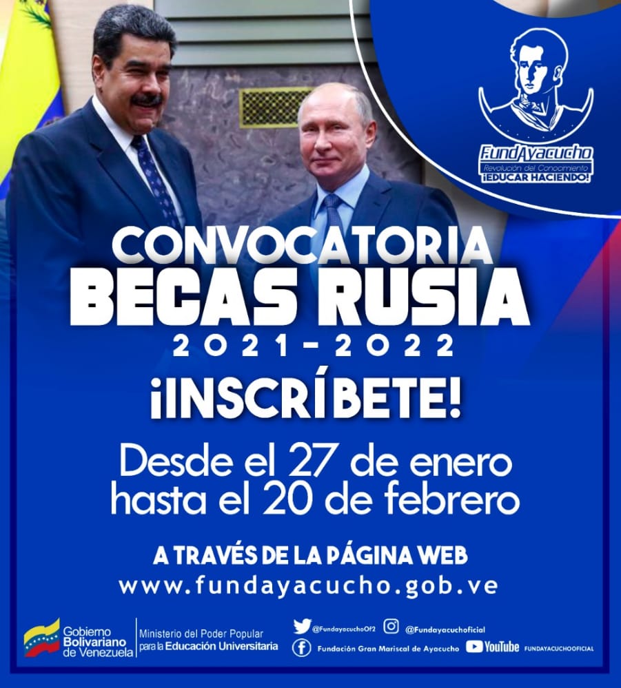 jlberroteran's tweet photo. El presidente @NicolasMaduro, a través del Ministerio del Poder Popular para la Educación Universitaria (Mppeu), y  @FundayacuchoOf2, inician convocatoria de becas para cursar estudios de pre y postgrado en Rusia. Ingrese a la página https://t.co/MW2OgRdNsF https://t.co/KfR2zaSK4N