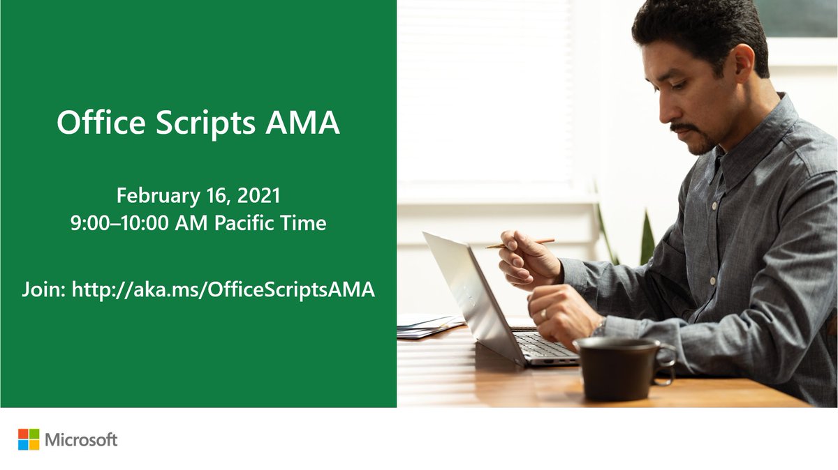 MSTCommunity's tweet photo. [Announcement] Be sure to join us for the first Office Scripts AMA! We'll host an hour of live Q&amp;A on Tuesday, February 16th from 9 am - 10 am PT.  https://t.co/6KQOOjsAwa https://t.co/bkER7vcB6E