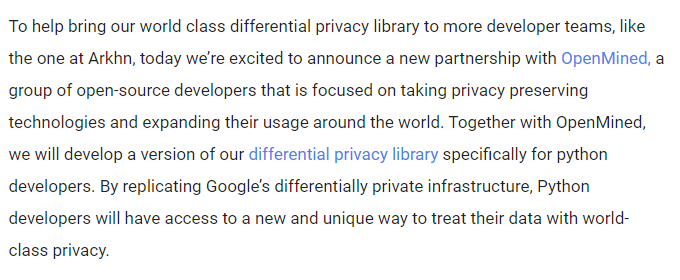1/3 I am super excited to share our (@openminedorg) partnership with @Google's Anonymization Team. Together(PyDP team & Google) we will be bringing Privacy On Beam available in Python so developers across the globe can apply DP techniques to large data pipelines using @ApacheBeam