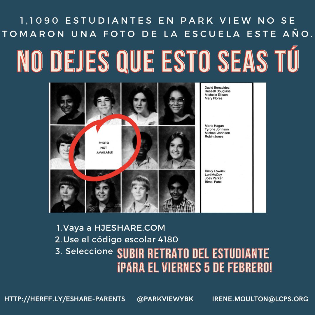 parkviewybk's tweet photo. Don’t be “not pictured” in the yearbook! Go to link in bio to upload your portrait selfie by Feb 5! (deslizar para español) https://t.co/yffXsWQbd4