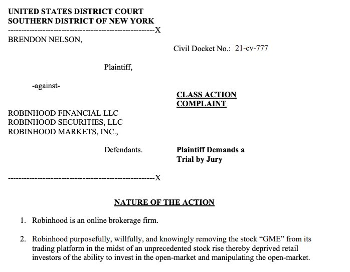  #BREAKING: 1st class action against  @RobinhoodApp just filed in Manhattan federal court, hours after app restricted individual, retail investors from buying  #GME shares. Plaintiff alleges illegal market manipulation while  #wallstreetbets users denounce the app  @CourthouseNews