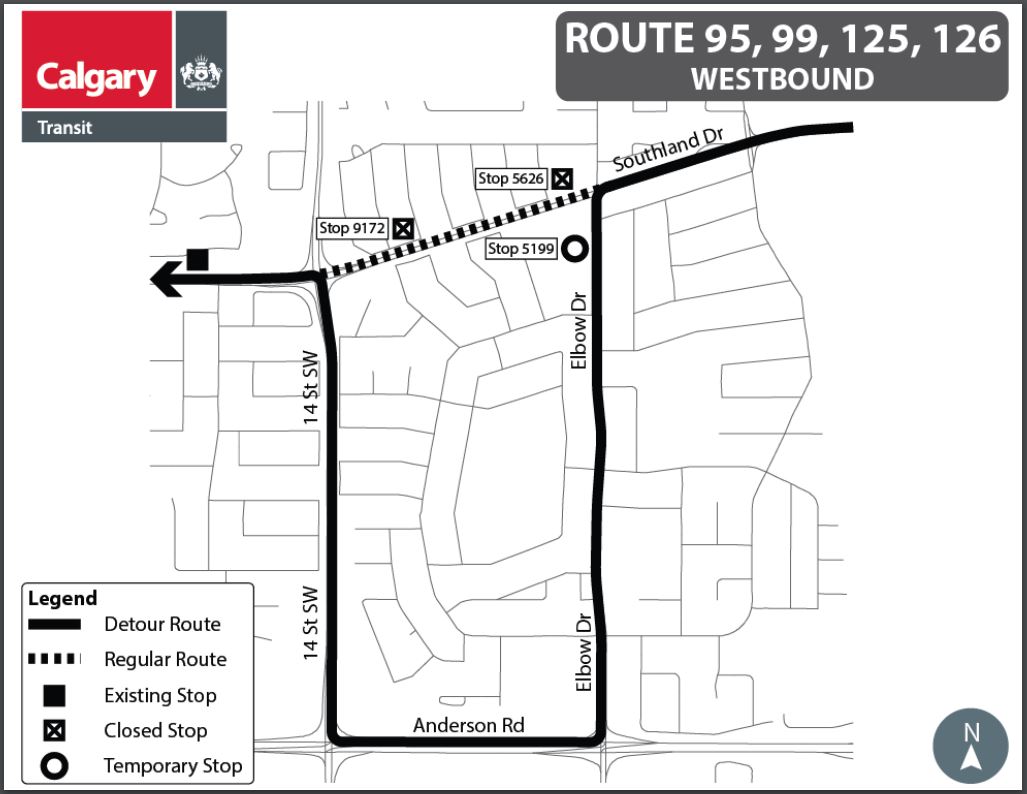 calgarytransit's tweet photo. #CTRiders Beginning Friday January 29 at 09:00 and until Monday February 1 at the start of service Southland Dr will be closed to traffic in the westbound direction between Elbow Dr and 14 St SW #Route95 #Route99 #Route125 #Route126 will be detoured https://t.co/vv7P4ALh3p https://t.co/RwdANQwd7H