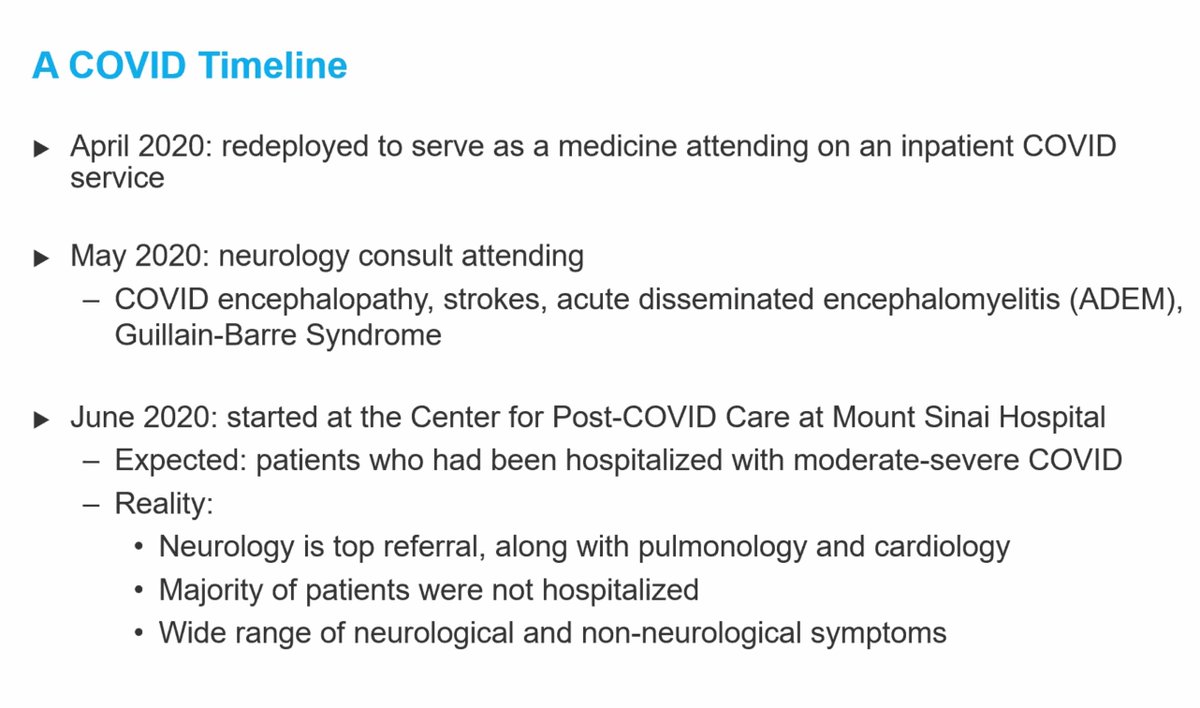 Talking about Mt. Sinai  #LongCovid interdisciplinary center. Note third bullet: They expected to see hospitalized patients with moderate-severed COVIDReality? Majority of patients *not hospitalized* with wide range of sx. Neurology, pulmonology, and cardiology top referrals.
