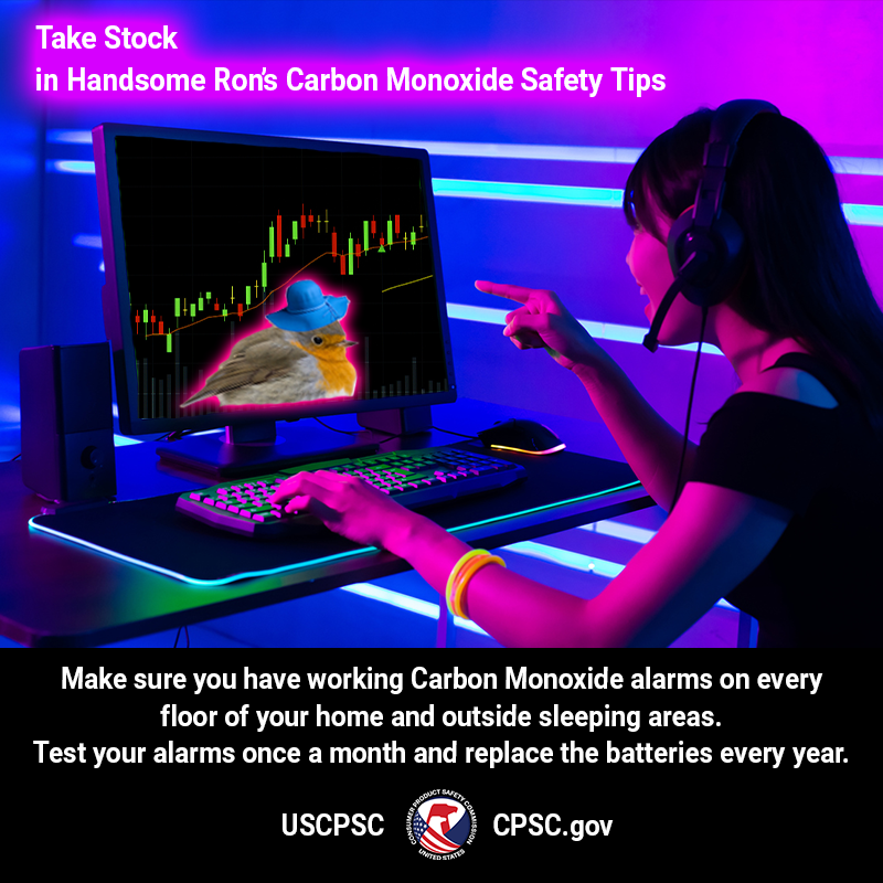 A European Robin in a blue sunhat named Handsome Ron on a computer screen in a person's office. The screen shows a stock climbing high on a chart. The person is pointing at the screen in amazement. The text reads: Take stock in Handsome Ron's Carbon Monoxide Safety Tips. Make sure you have working Carbon Monoxide alarms on every floor of your home and outside sleeping areas. Test your alarms once a month an replace the batteries every year.