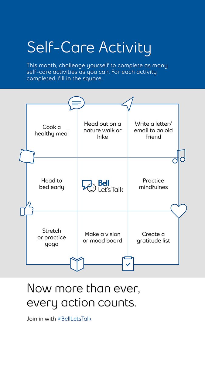 Now, more than ever, it is important to look after our mental health. During times of stress it is easy to forget to take care of ourselves. 

Each day we can take small actions that help us feel a bit better.

What is your favourite self-care activity?
#BellLetsTalk