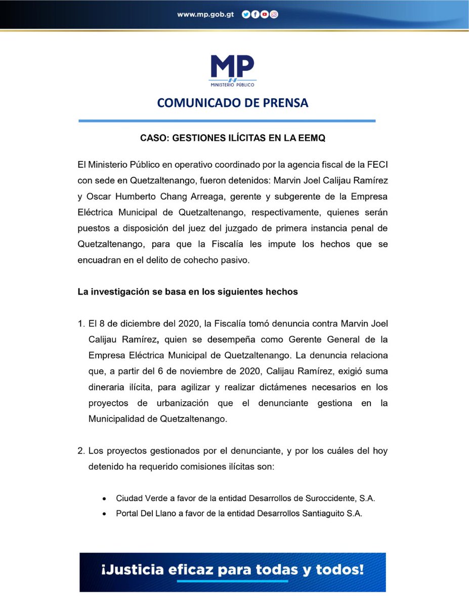 Guatevision_tv's tweet photo. La @PNCdeGuatemala y la Fiscalía Contra la Impunidad del @MPguatemala capturaron a Marvin Joel Calijau Ramírez y Óscar Humberto Chang Arreaga, gerente y subgerente de la @EEMQOFICIAL, respectivamente, señalados de recibir sobornos a cambio de gestionar permisos @elQuetzalteco https://t.co/Ui4c85UC6B