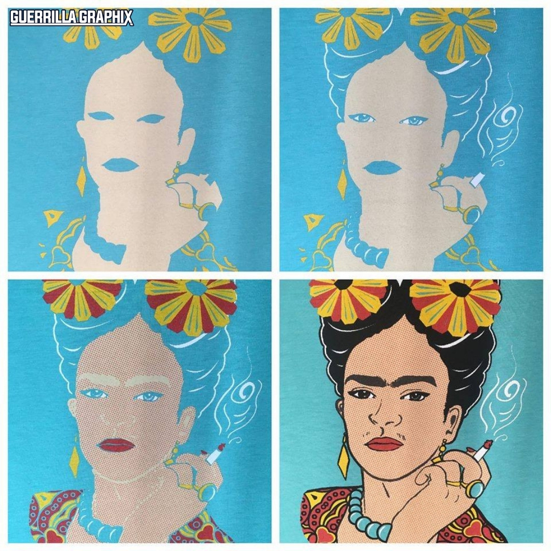GuerrillaGrphix's tweet photo. The evolution of Frida Kahlo! One of our popular prints here at the shop.
6 colors or 1, Let Guerrilla Graphix help you promote your business, brand, event, fundraiser or personal artwork! Call us at 505-503-8805 for all of your custom screen printing needs! 
#Albuquerque https://t.co/FT9XVkX9mD