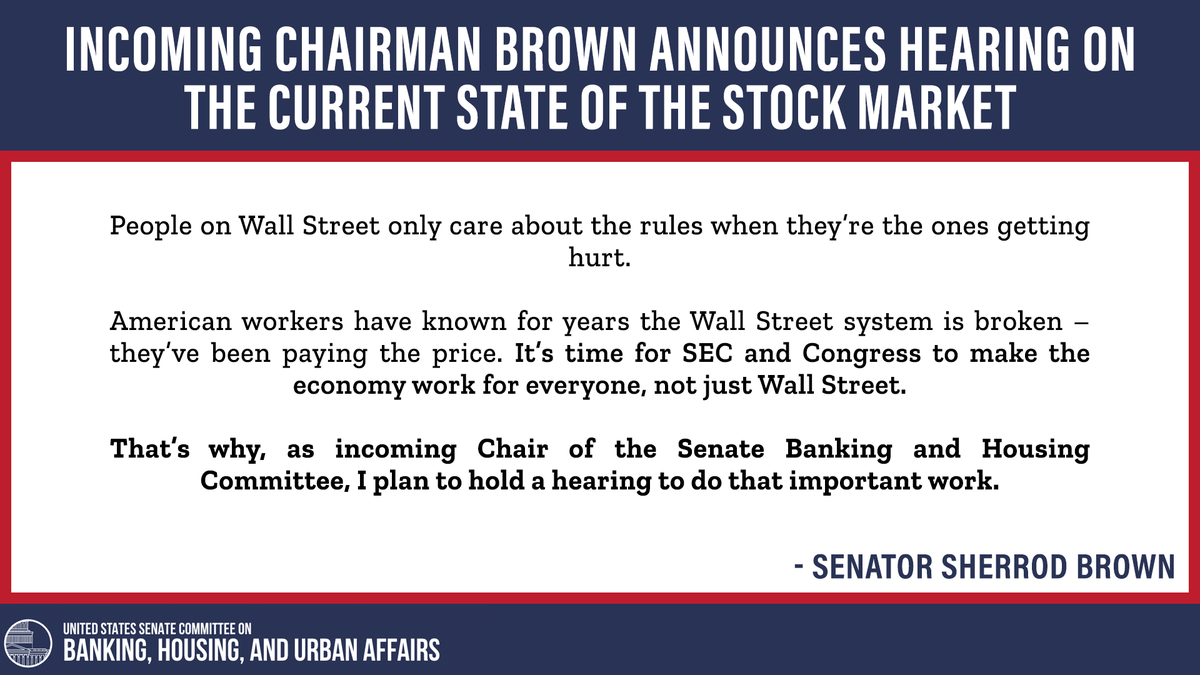 SenateBanking's tweet image. BREAKING: Incoming Chairman @SenSherrodBrown's response to the current state of the stock market.