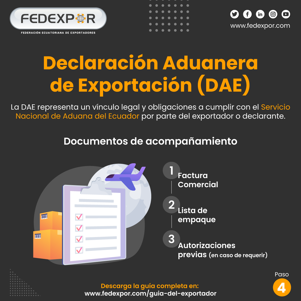 FEDEXPOR on X: "🇪🇨➡🌎 Para iniciar el proceso de exportación es necesaria  la transmisión electrónica de la Declaración Aduanera de Exportación (DAE),  conoce de que se trata: ➡ #Paso4 Datos y documentos