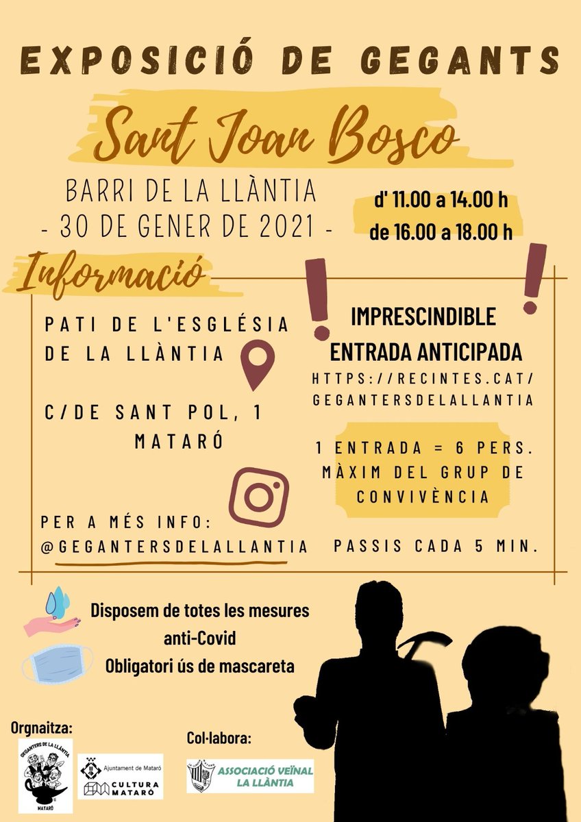 Dissabte, després de ben bé mig any sense veure el Sol, tornem a sortir!! Els companys del barri de La Llàntia (<a href="/AvLaLlantia/">La Llàntia Mataró</a> ) han organitzat una exposició de gegants per a celebrar la Festa en honor a Sant Joan Bosco!!! Us ho penseu perdre? Tenim moltes ganes de veure-us!