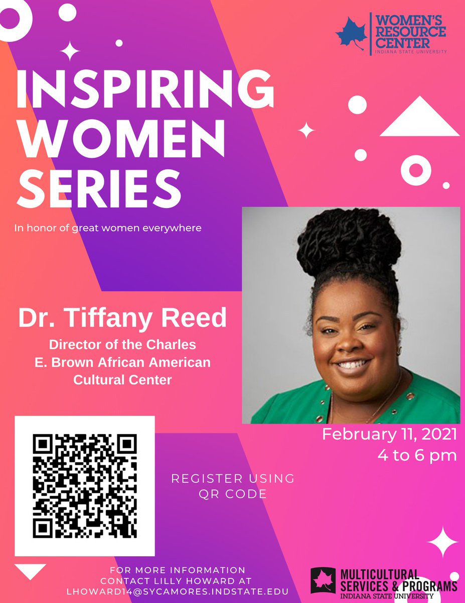 isuwrc's tweet photo. Join us for the first session of the Inspiring Women Series of the spring semester on February 11, 2021 from 4-6pm with Dr. Tiffany Reed. We will be talking about barriers, microaggressions, and more regarding women. Don't miss out!
Register at: https://t.co/wBiR7CX3YS https://t.co/M90sUGBCuh