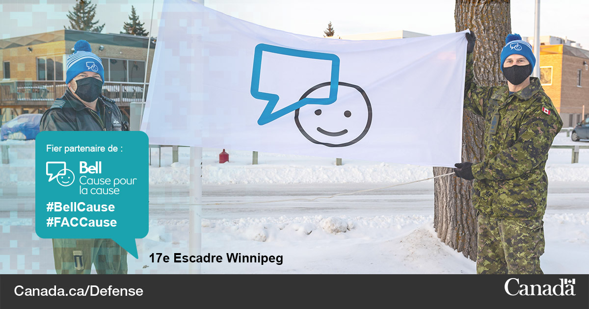 ForcesCanada's tweet photo. Aujourd’hui, c’est avec fierté que nous nous joignons aux Canadiens pour souligner ce mouvement de soutien national envers la famille de #ÉquipeDéfense et tous les
Canadiens qui souffrent de maladies mentales. https://t.co/fAbUvaXp7x #BellCause #FACCause https://t.co/x6pDygby7A