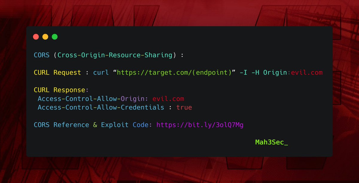 Mah3Sec's tweet photo. CORS (Cross-Origin-Resource-Sharing) :
CORS Reference &amp; Exploit Code: https://t.co/Lo2tQBLUzE
#TogetherWeRise #github 
#bugbounty #bugbountytips #bugbountytip #cybersecurity #Ethicalhacking #CORS https://t.co/vG524o3bIs