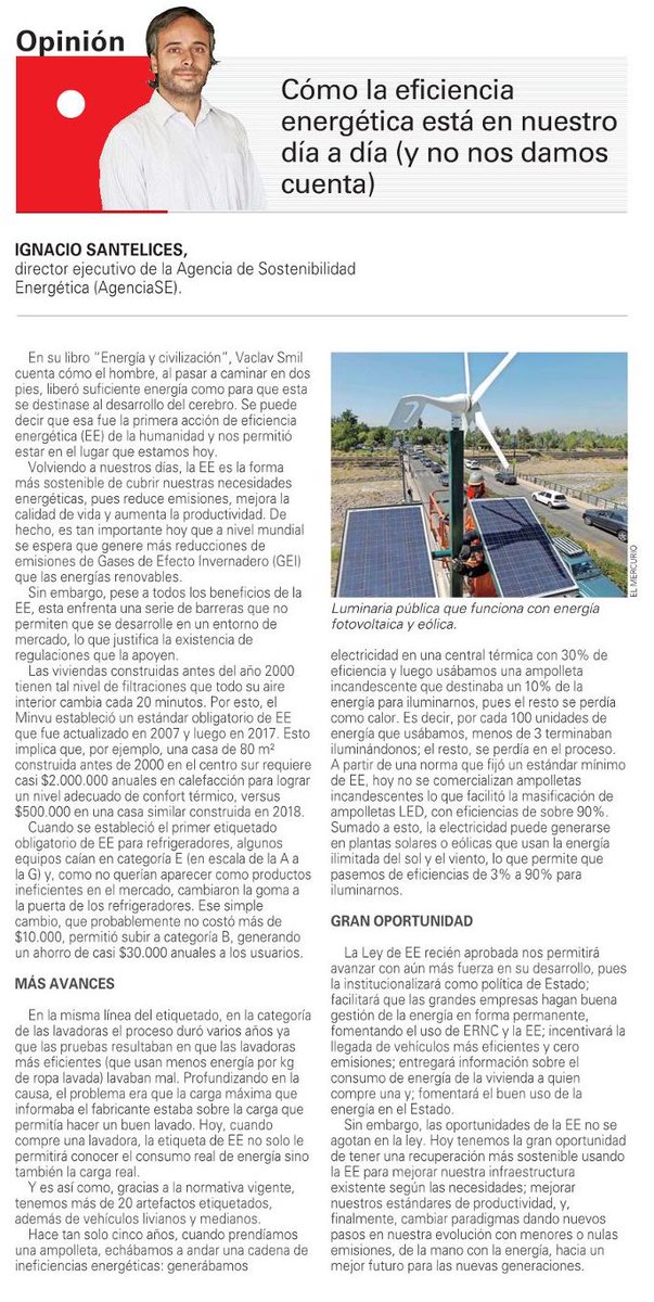 Hoy El Mercurio publicó un especial sobre la Ley de Eficiencia Energética. Les dejo una columna que escribí en el especial, sobre cómo las regulaciones de eficiencia energética nos impactan en el día a día, a propósito de la nueva ley.