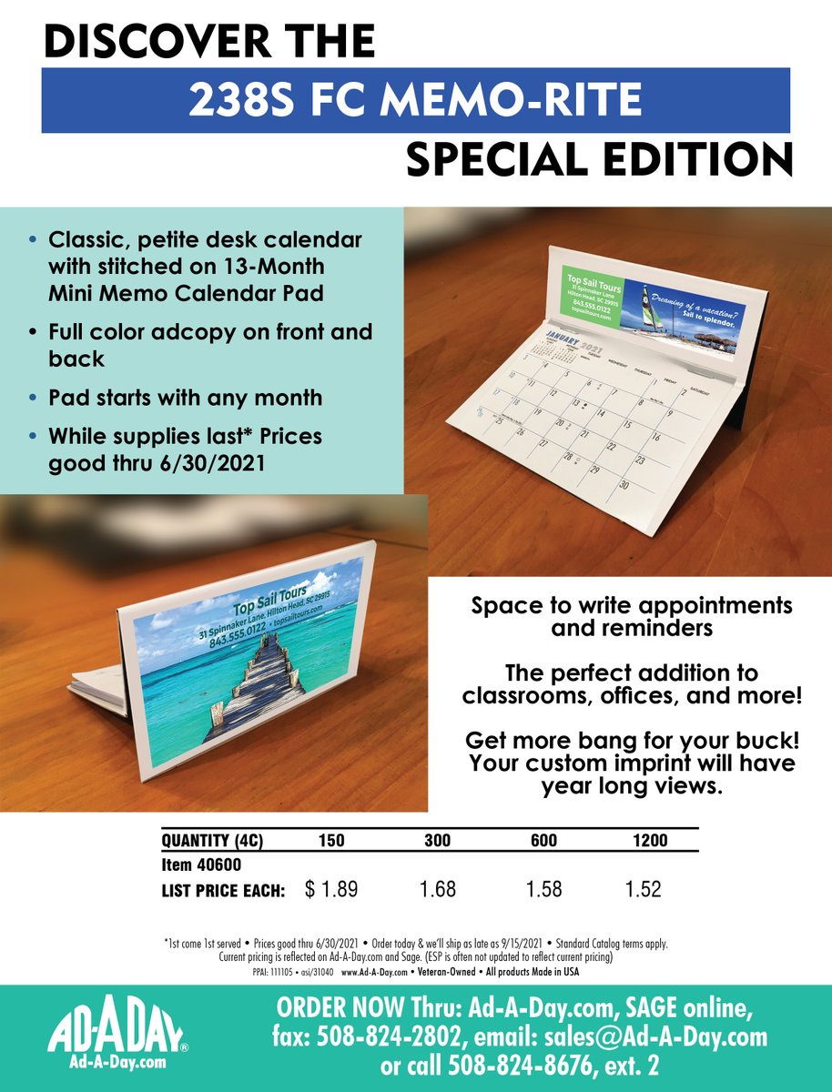 alwaysadaday's tweet image. Our newest desk calendar! 238S FC Memo-Rite. #calendar2021 #promotionalproducts #deskcalendar #marketing