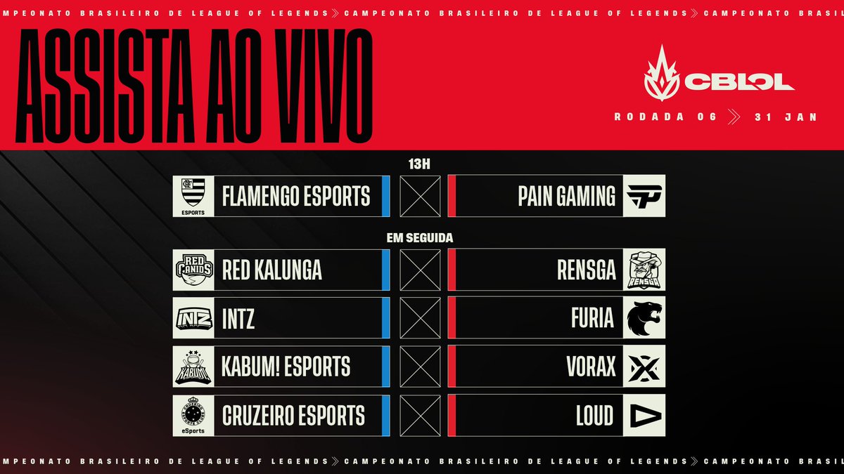 CBLOL's tweet photo. Domingão é dia de #CBLOL! 

A rodada de hoje promete pegar 🔥, confere os jogos:

13h - @flaesports🆚@paiNGamingBR 

A seguir:

@REDCanids🆚@RensgaEsports 
@INTZ🆚@FURIA 
@kabumesports🆚@VoraxGG 
@CruzeiroeSports 🆚 @LOUDgg 

AO VIVO: https://t.co/7rYXHJJhmQ https://t.co/rUqwV1wnWT
