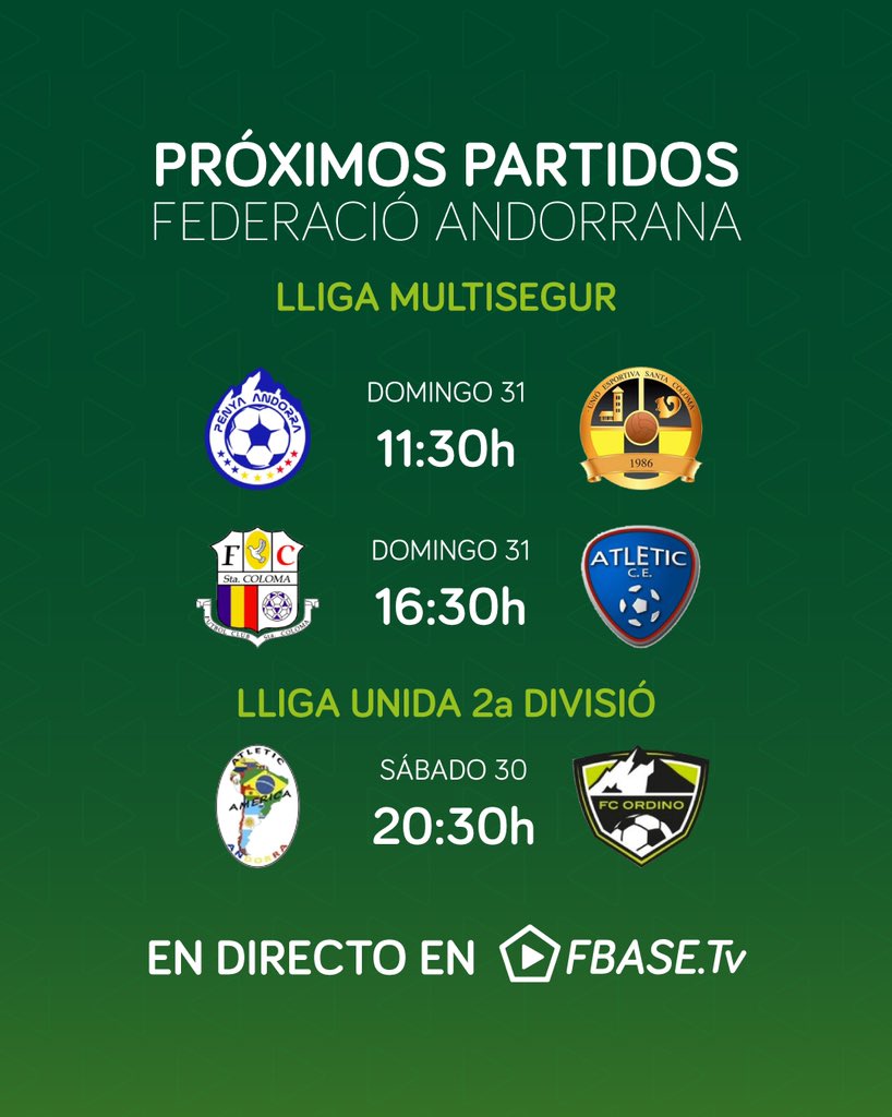 FBASETv's tweet photo. Partidos de la andorrana este fin de semana en directo en https://t.co/GCRuv8aQAz
@UeSanta @fcsantacoloma @AtleticCE https://t.co/04zFNeWsUy
