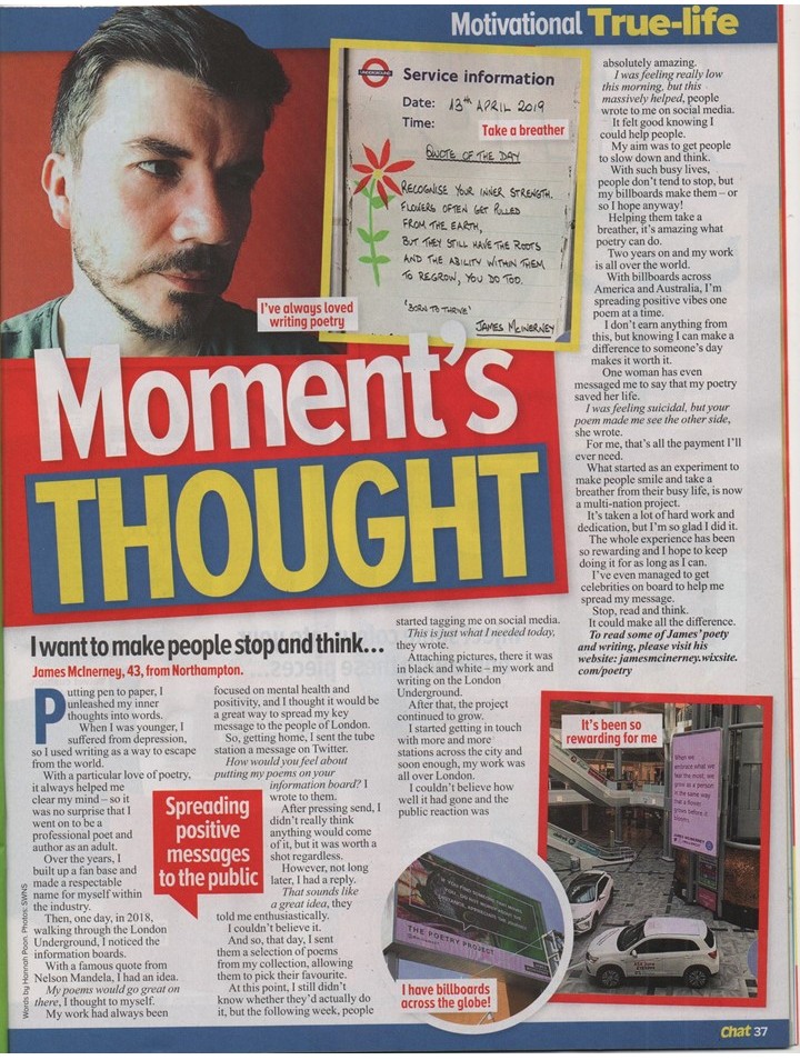 poetryproject08's tweet photo. Magazine News! A massive thanks to everyone at
@ChatMagazine for doing a feature on me and my mental health awareness project, love this! Grab your copy in store today! @MillsMc07 #MentalHealthAwareness #Northampton #Northamptonshire #chatmagazine https://t.co/BUSfyiGZYr