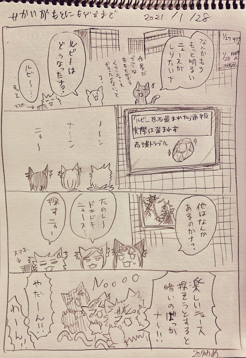 #せかいがもとにもどるまで
1/28分
最近、これを書くためにニュースを見るのがつらくなってきました。
やだーん!!!! 