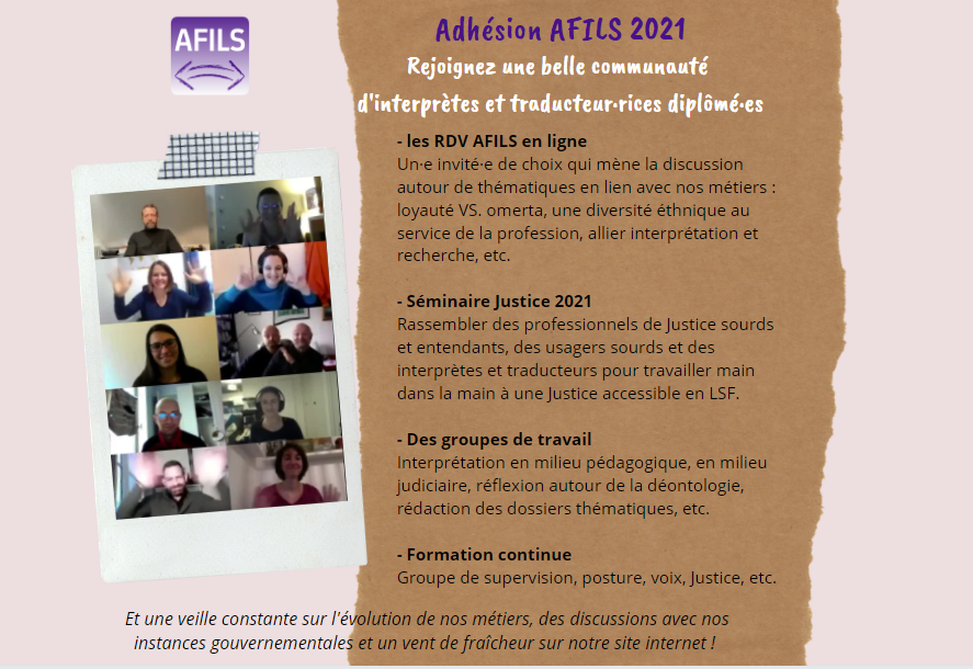 afils_asso's tweet photo. ADHÉSIONS 2021
Chers et chères collègues interprètes et traducteurs/traductrices. Voici nos projets, nos envies, notre ambition pour cette année 2021. Vous nous rejoignez ? ⤵️
#AFILS #interpreteLSF #traducteurLSF #projet #union https://t.co/JRQsO5voJl