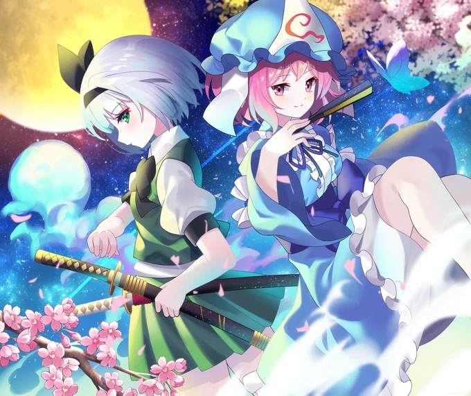 従者と主 #東方Project #魂魄妖夢 #西行寺幽々子 #少女 https://t.co/ehOBGRtSsE 