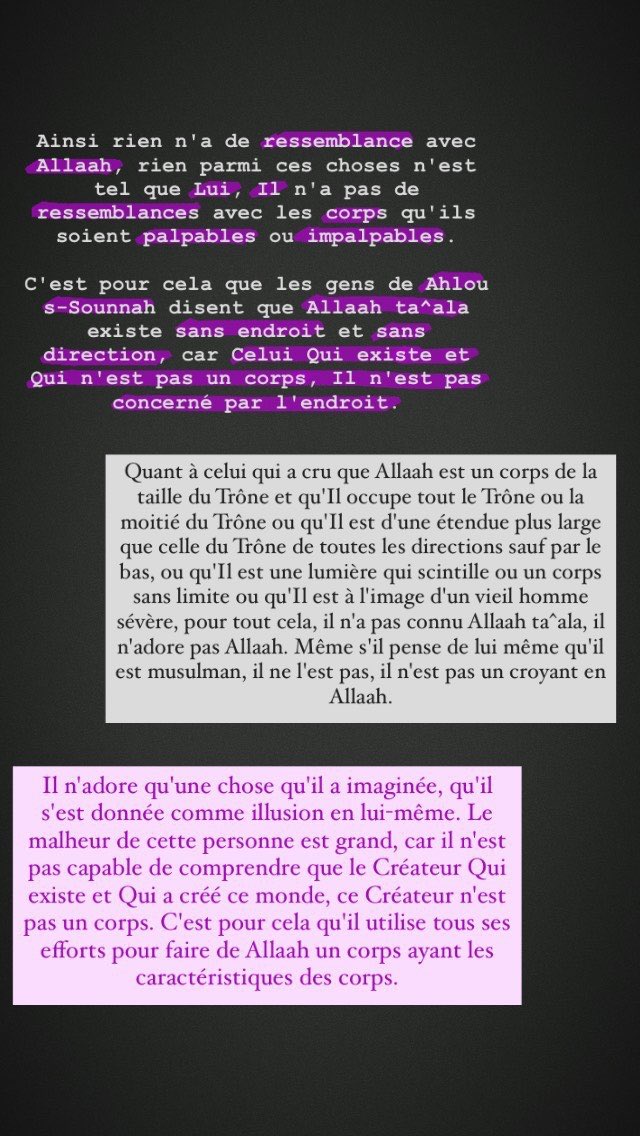 Le Tawhid, selon Ahlou s-Sounnah, consiste à nier toute ressemblance entre Allah et Ses créatures. Allah n’a absolument aucune ressemblance avec quoi que ce soit, d’aucune manière que ce soit.Le Tawhid c'est de faire l'absolu distinction entre Le Créateur et Ses créatures.