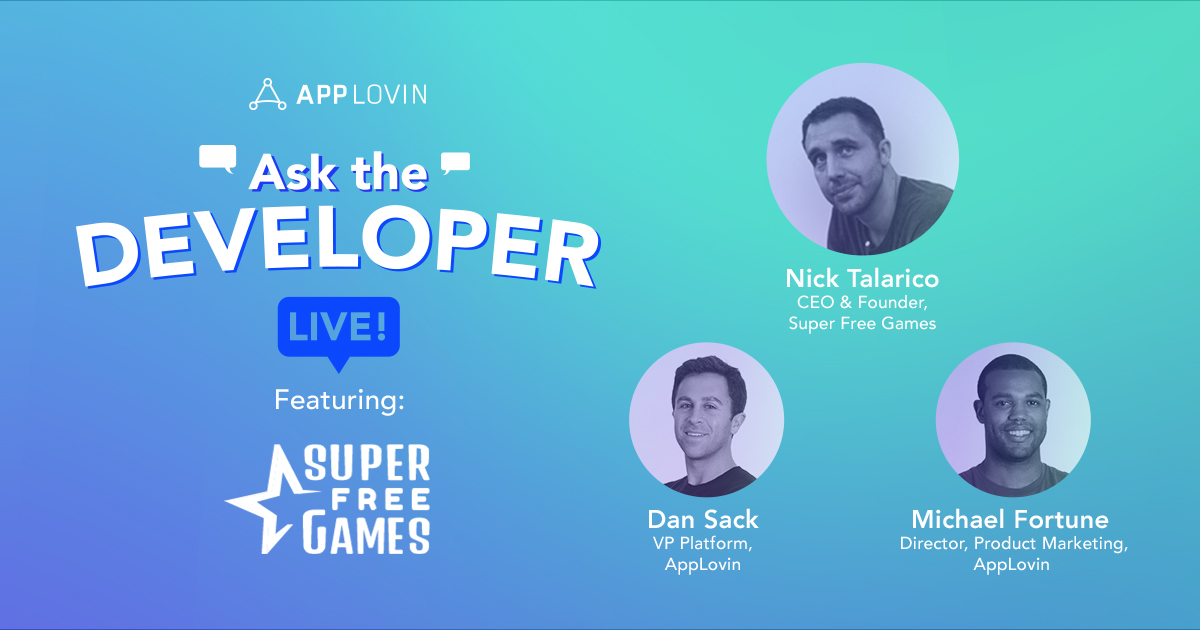 AppLovin's tweet photo. Calling all #gamedevs! Don’t miss our #askthedev event with Super Free Games today. We get a first look at their success and their tips for taking a business to the next level. Register today for a chance to win Apple AirPods! https://t.co/OymV1zbuZw
#mobilegame #askadevlive https://t.co/sxmbNjOnRf