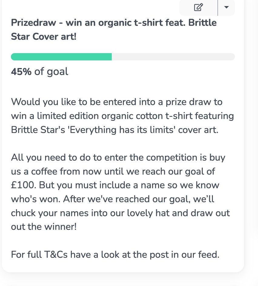 Help us reach our #Kofi goal to raise funds for our Stereoplate podcast. You could win a Limited Edition T-shirt featuring a <a href="/brittlestarmag/">Brittle Star</a> cover from Series 1.  #KofiChallenge #podcast #poetry #stories   ko-fi.com/post/Fancy-a-c…