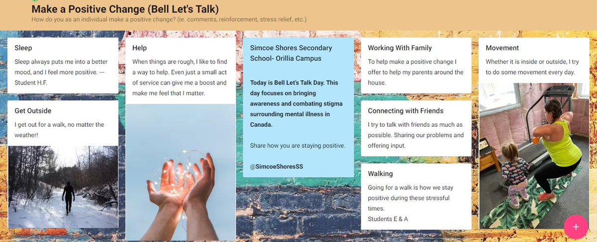 Simcoe Shores Secondary School- Orillia Campus
We had a conversation with several students on activities they do to stay positive, and which activities help to make a positive change in their community.

Make a Positive Change (Bell Let's Talk) 
padlet.com/ansisson/pgdc1…