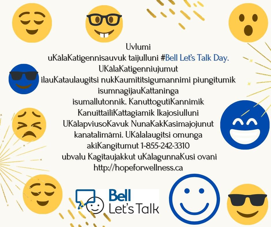 If you live in Nunatsiavut and are looking for mental health support, contact your local Department of Health and Social Development office or check out them out on facebook  https://www.facebook.com/NunatsiavutDHSD/  #BellLetsTalk  