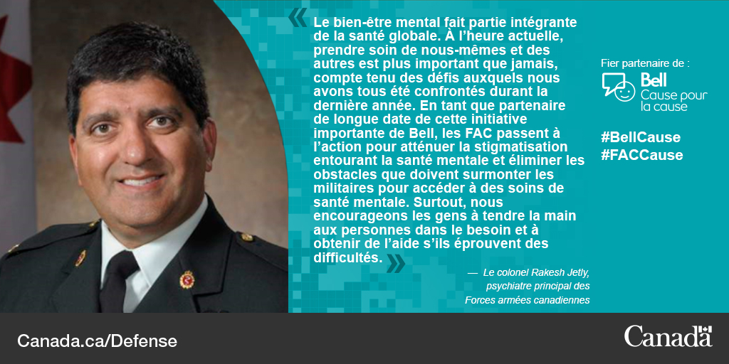 ForcesCanada's tweet photo. Rencontrez notre intervenant expert pour #BellCause, le colonel Rakeesh Jetly, psychiatre principal des FAC et conseiller en matière de santé mentale auprès du médecin général depuis 2011: https://t.co/fAbUvaXp7x #FACCause https://t.co/zNWwySbUzP