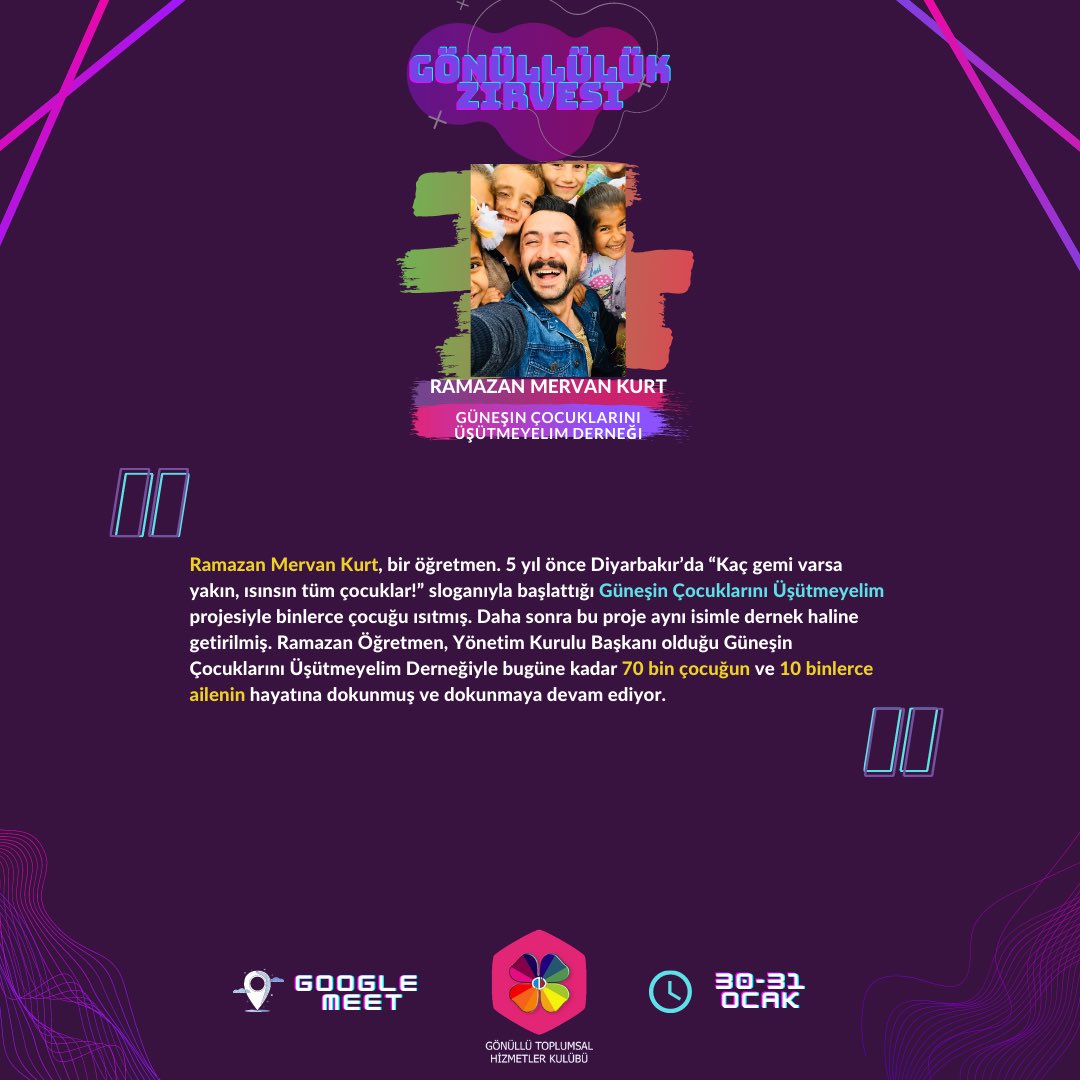 30 Ocak Cumartesi günü Gönüllülük Zirvemizde Güneşin Çocuklarını Üşütmeyelim Derneği Yönetim Kurulu Başkanı Ramazan Mervan Kurt bizlerle olacak 💜🍀 <a href="/rmervank1/">Ramazan Mervan Kurt</a> #anadoluüniversitesi