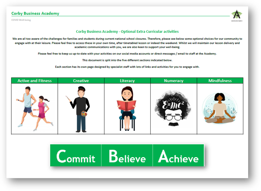 CorbyBusinessAc's tweet photo. We know the challenges for families and students during current school closures &amp; so our staff have decided to created a #wellbeing booklet full of optional activities that our Academy Community can engage with any time after lessons or at the weekend:
https://t.co/O9UezzGliH 🙂 https://t.co/Yyhr6pL5yW