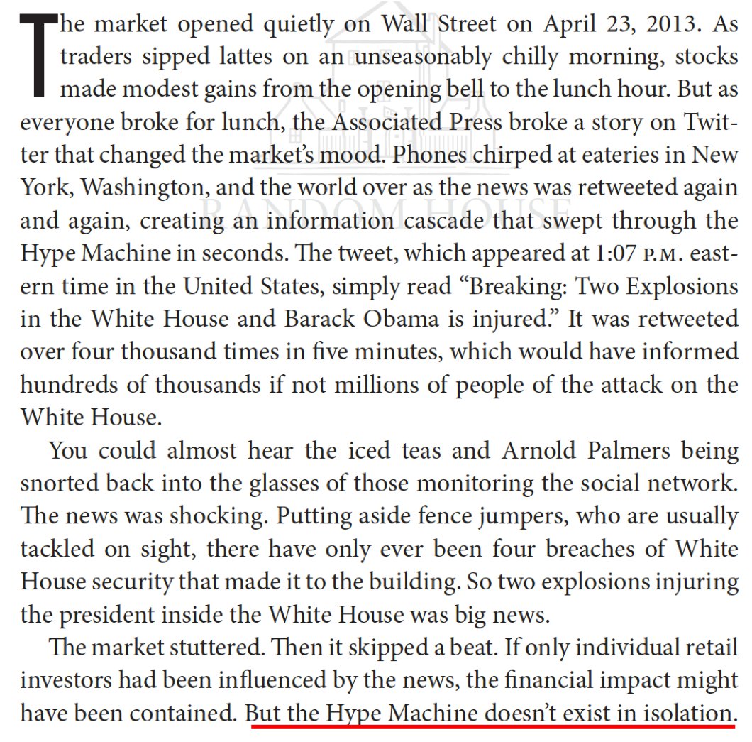 Note my coverage in the book of the way the Hype Machine is coupled to automated systems that analyze and amplify these types of stock movements. I predict an autopsy will reveal the same thing going on here with  #GameStop and  #amcstock  10/