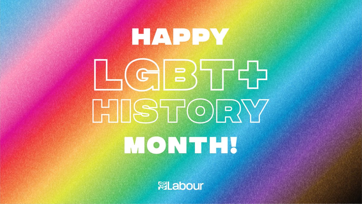 Graphic is an intersectional pride flag gradient with 'Happy LGBT+ History Month' text