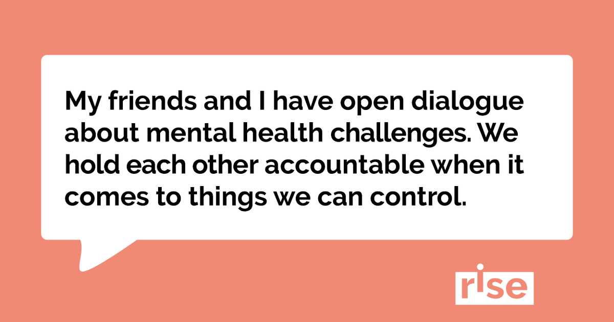 RiseHelps's tweet photo. “My friends and I have open dialogue about mental health challenges. We hold each other accountable when it comes to things we can control.” – Rise Client on the power of people and communication. On #BellLetsTalk Day, let’s remember that every action counts. @Bell_LetsTalk https://t.co/PfmVVv8otQ