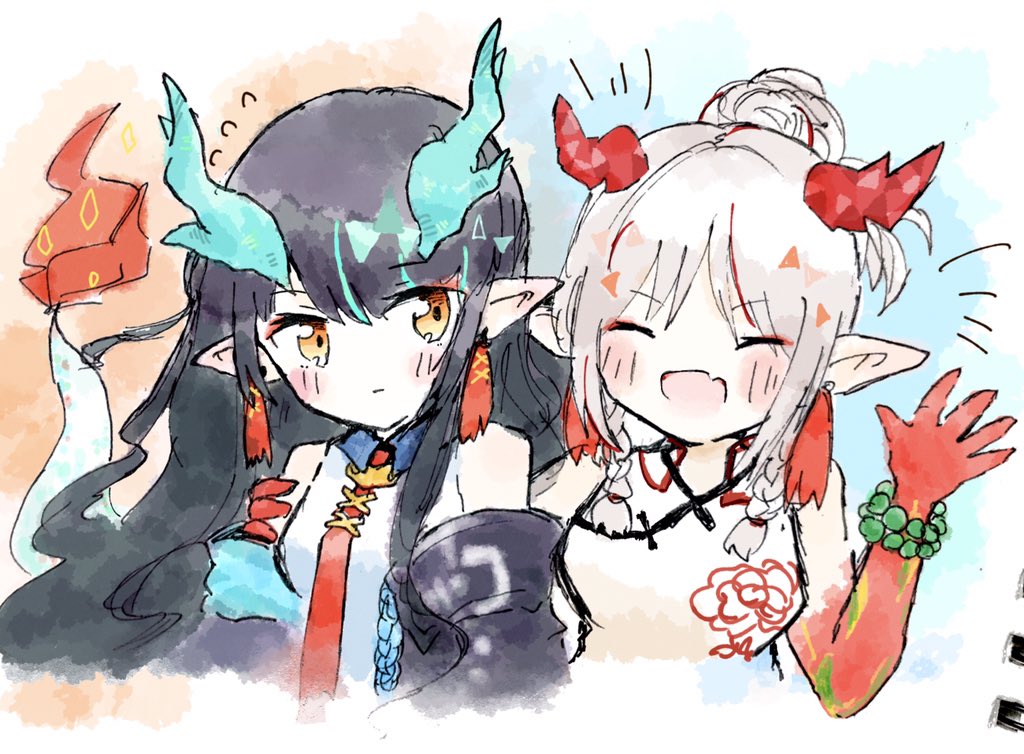 dusk (arknights) ,nian (arknights) multiple girls horns 2girls flame-tipped tail dragon horns bead bracelet black hair  illustration images