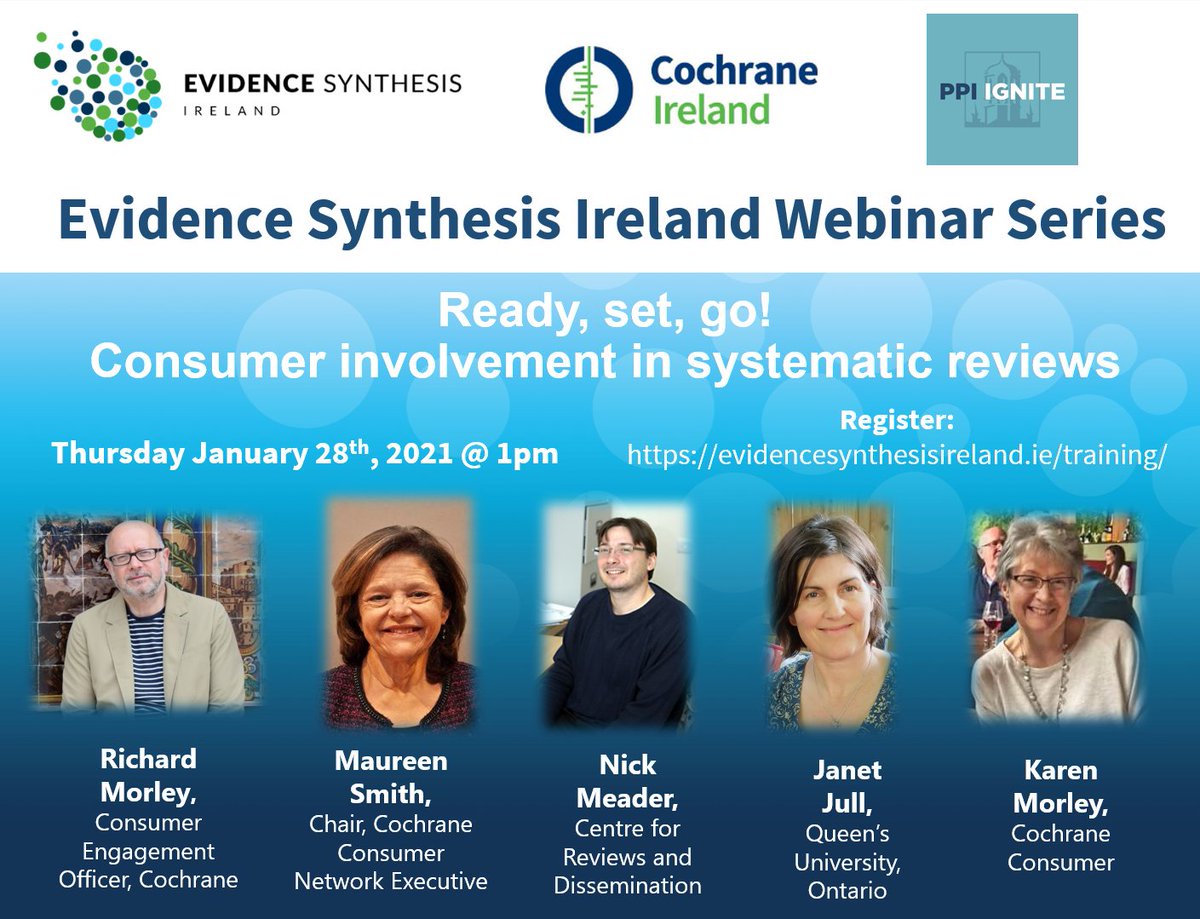 Thank you again to our wonderful panelists & attendees for engaging in a great webinar! 

Listen back to today's webinar #ConsumerInvolvement #SystematicReviews here: 

➡️bit.ly/3iXcHcQ

@CochraneIreland @CochraneConsumr @RMEngagement @PPI_NUIG @JJull3 @Maureenchats